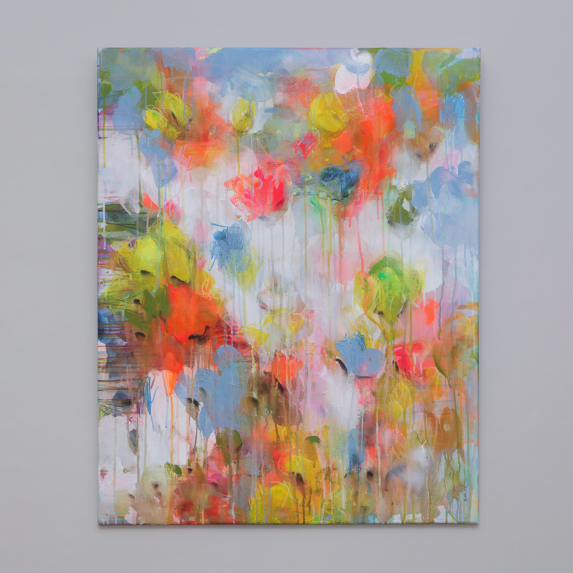 Nahaufnahme XXL Gemälde Wand Bild Deko abstrakt neon orange weiss Blumen 80x100 cm Garten