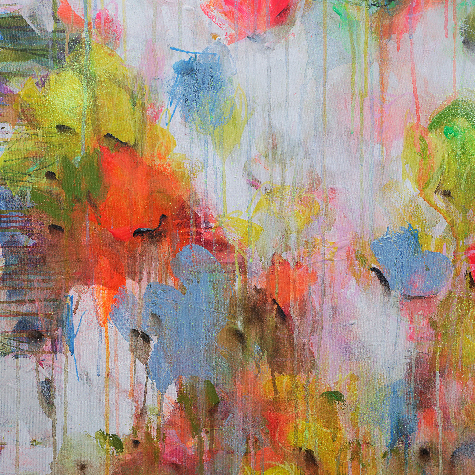 Nahaufnahme XXL Gemälde Wand Bild Deko abstrakt neon orange weiss Blumen 80x100 cm Garten