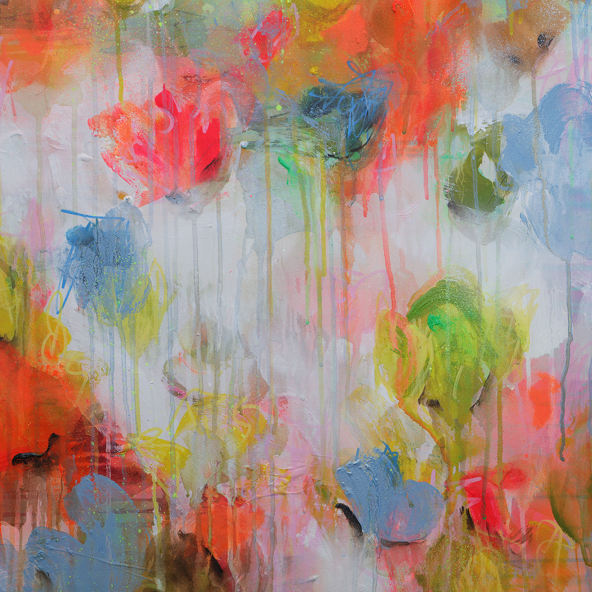 Nahaufnahme XXL Gemälde Wand Bild Deko abstrakt neon orange weiss Blumen 80x100 cm Garten