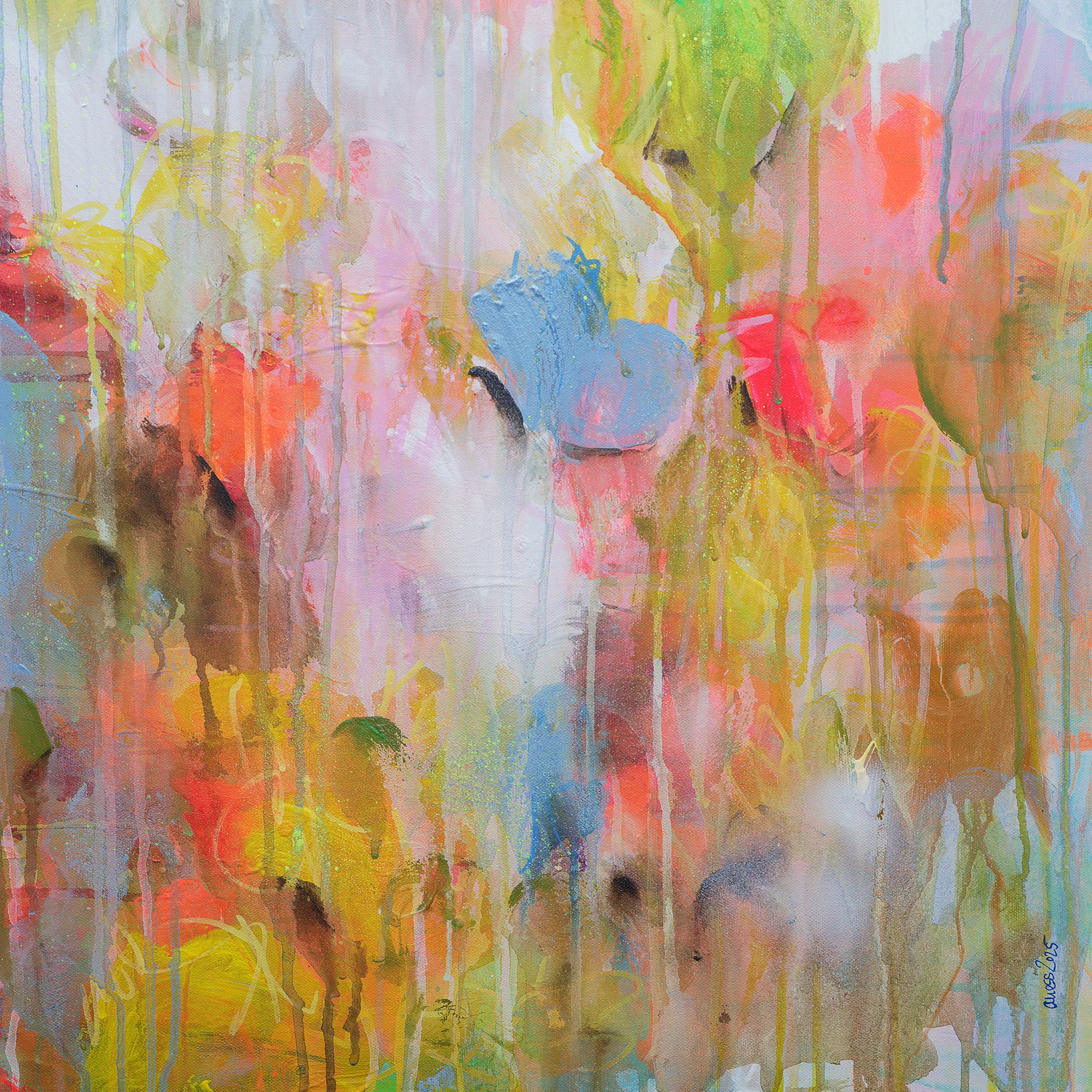 Nahaufnahme XXL Gemälde Wand Bild Deko abstrakt neon orange weiss Blumen 80x100 cm Garten