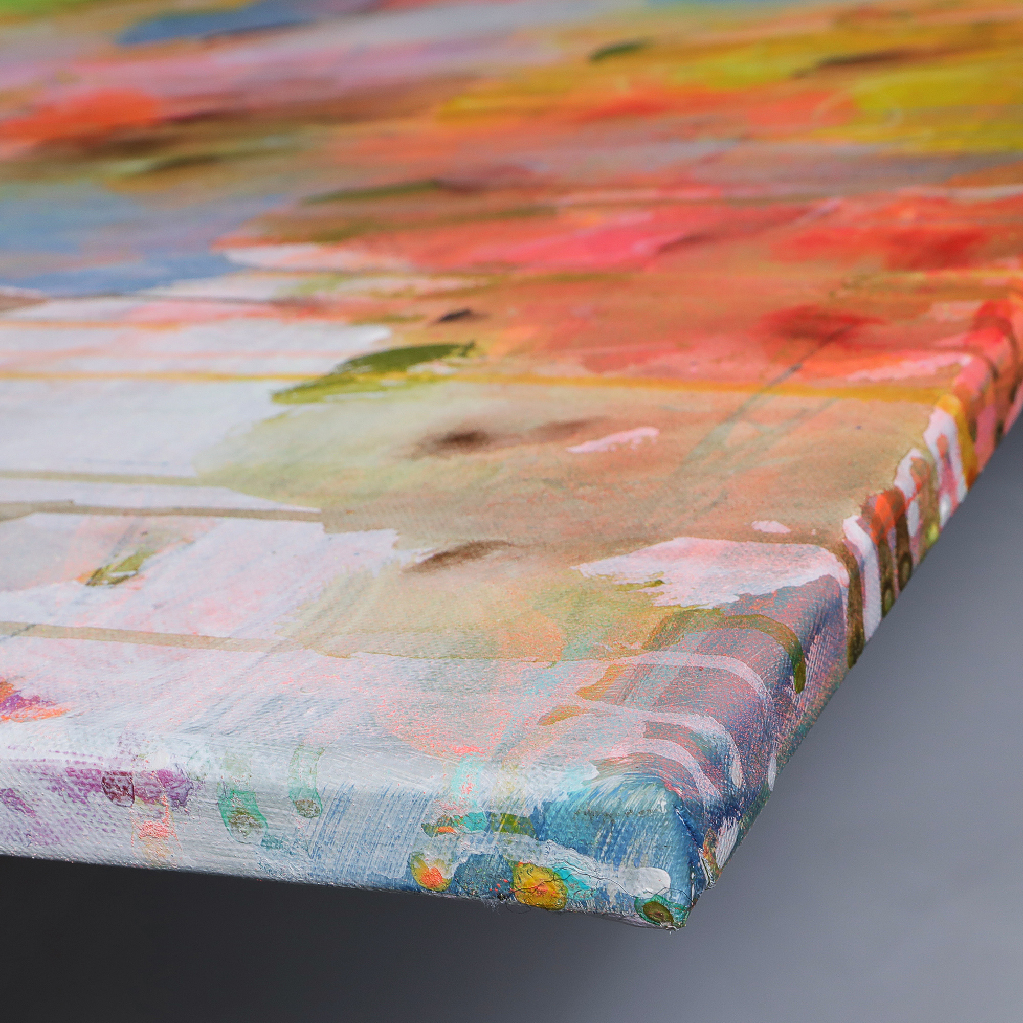 Nahaufnahme XXL Gemälde Wand Bild Deko abstrakt neon orange weiss Blumen 80x100 cm Garten