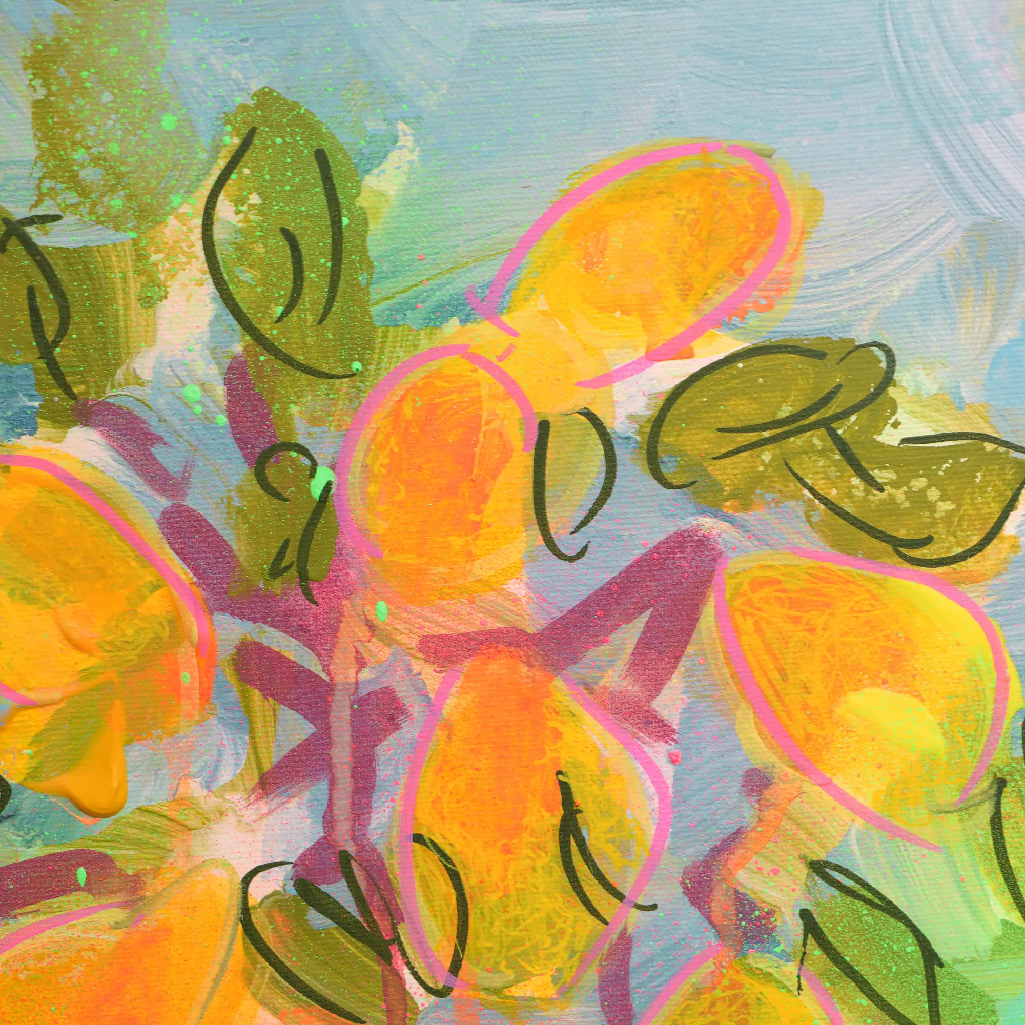 Nahaufnahme Künstler Gemälde preiswert Obst Baum Stamm hellblau gelb neon Hochformat