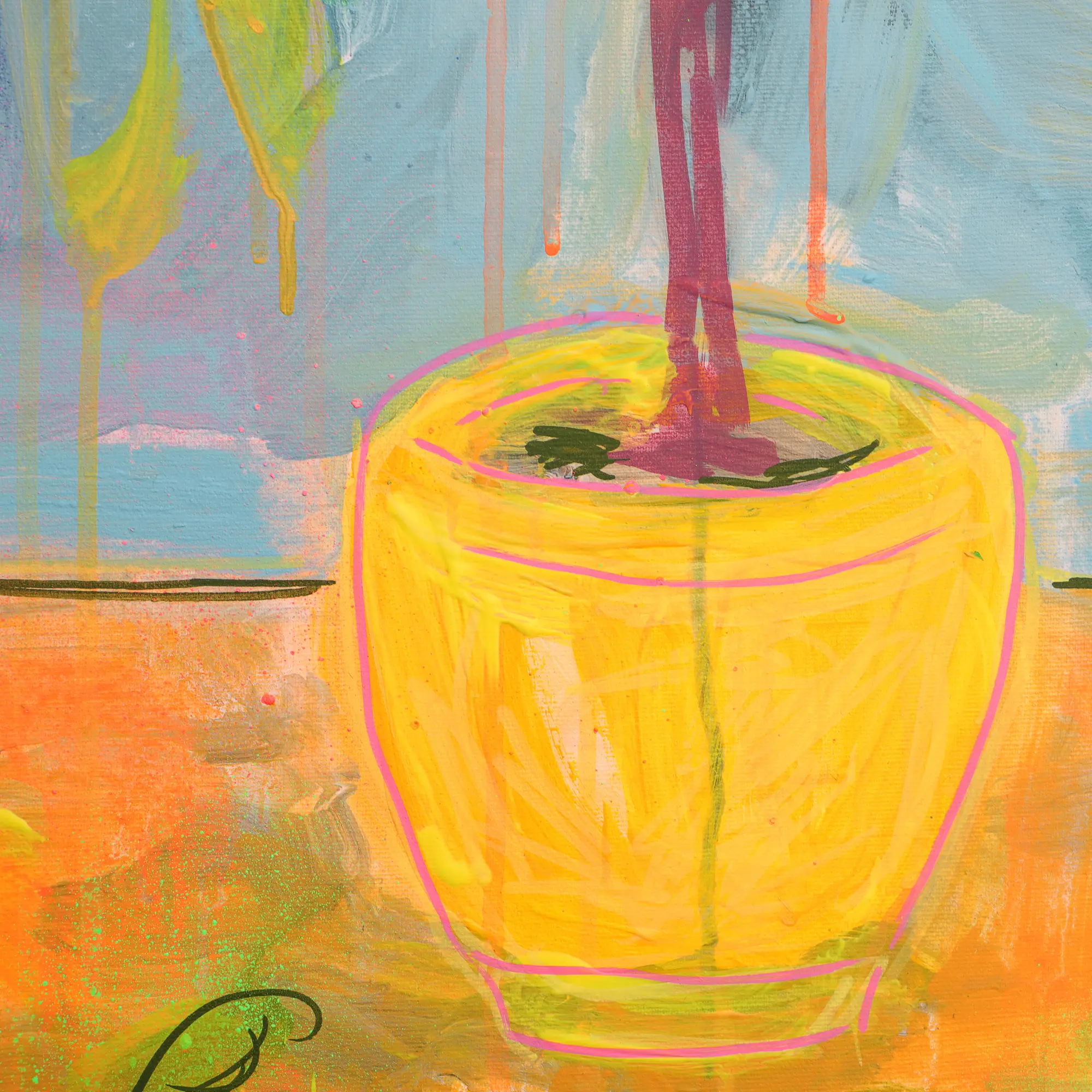 Nahaufnahme Künstler Gemälde preiswert Obst Baum Stamm hellblau gelb neon Hochformat