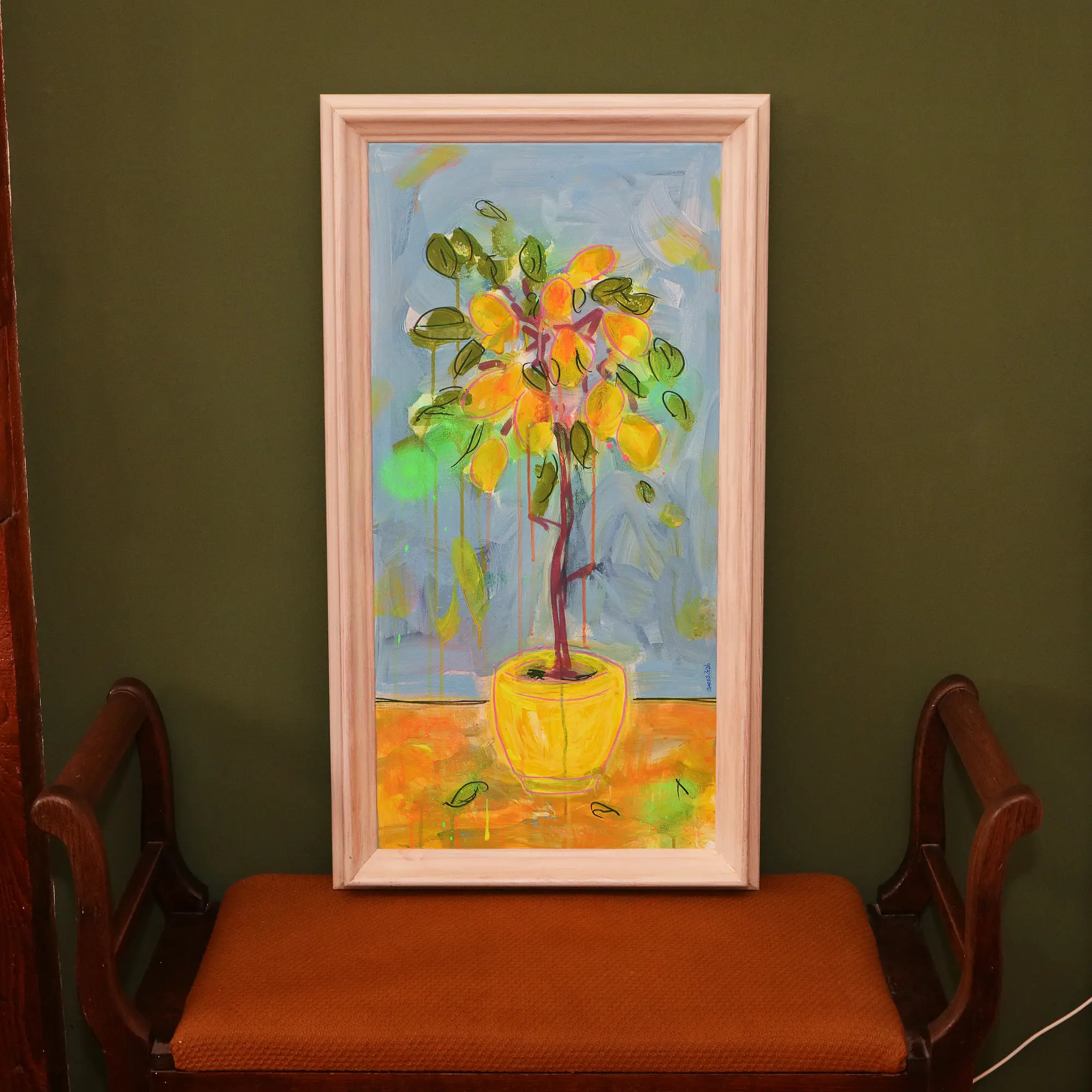 Wandbild für modernes Wohndesign Künstler Gemälde preiswert Obst Baum Stamm hellblau gelb neon Hochformat