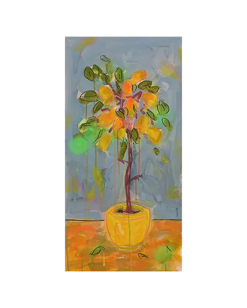 Künstler Gemälde preiswert Obst Baum Stamm hellblau gelb neon Hochformat