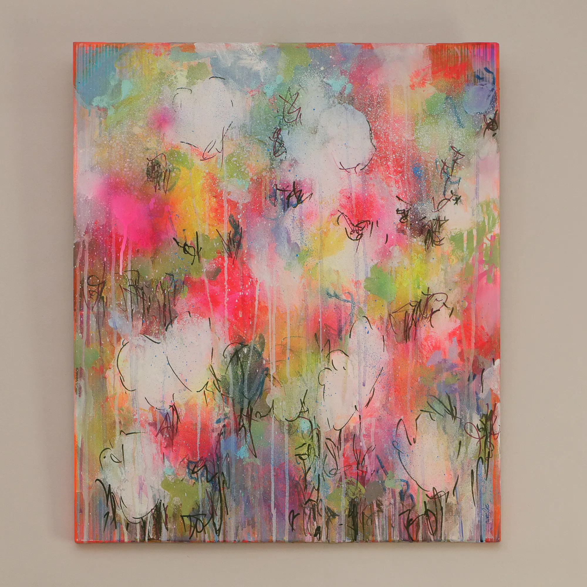 Nahaufnahme echtes Acryl Gemälde Wand Bild Deko Unikat neo pink gelb weiß günstig hype