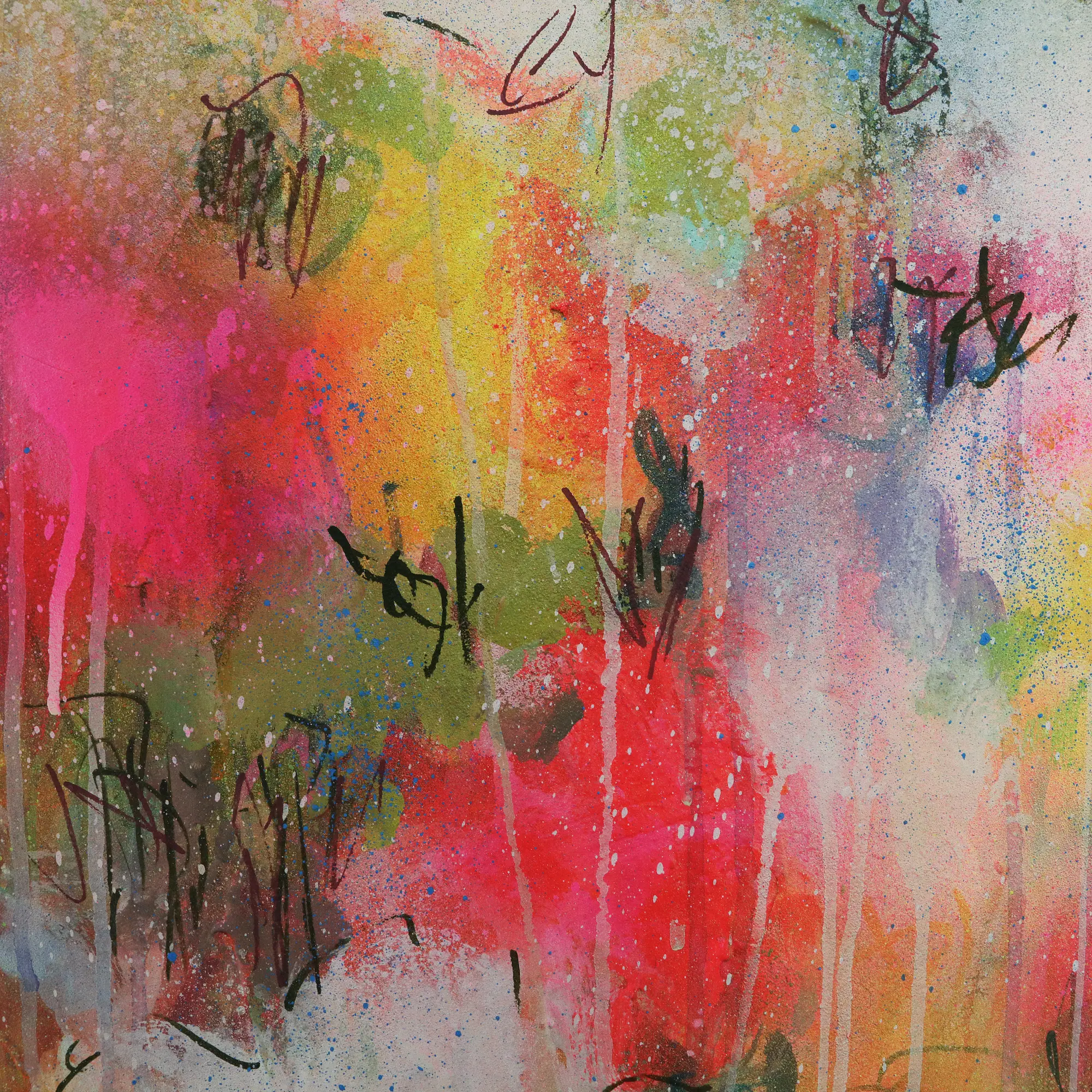 Nahaufnahme echtes Acryl Gemälde Wand Bild Deko Unikat neo pink gelb weiß günstig hype