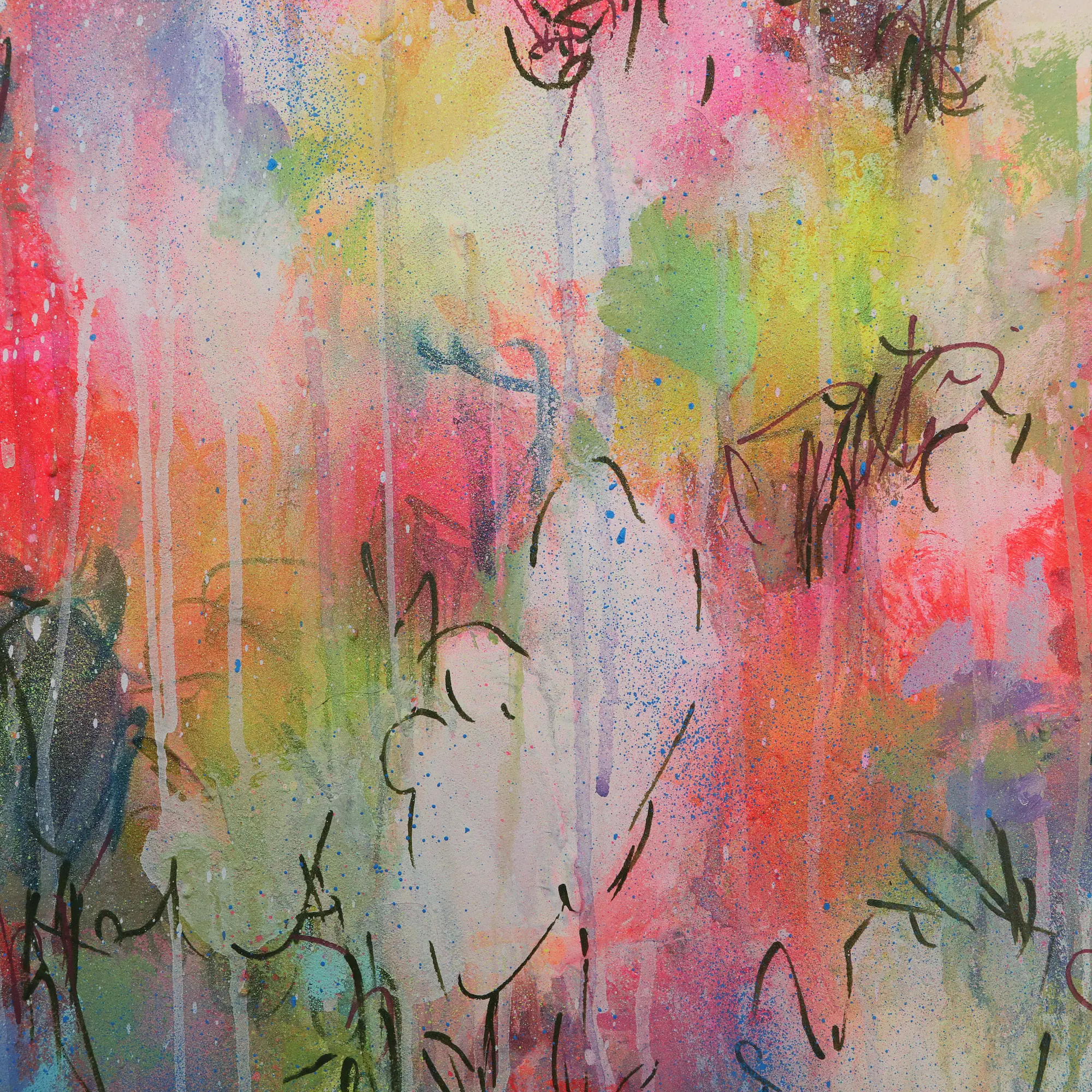 Nahaufnahme echtes Acryl Gemälde Wand Bild Deko Unikat neo pink gelb weiß günstig hype