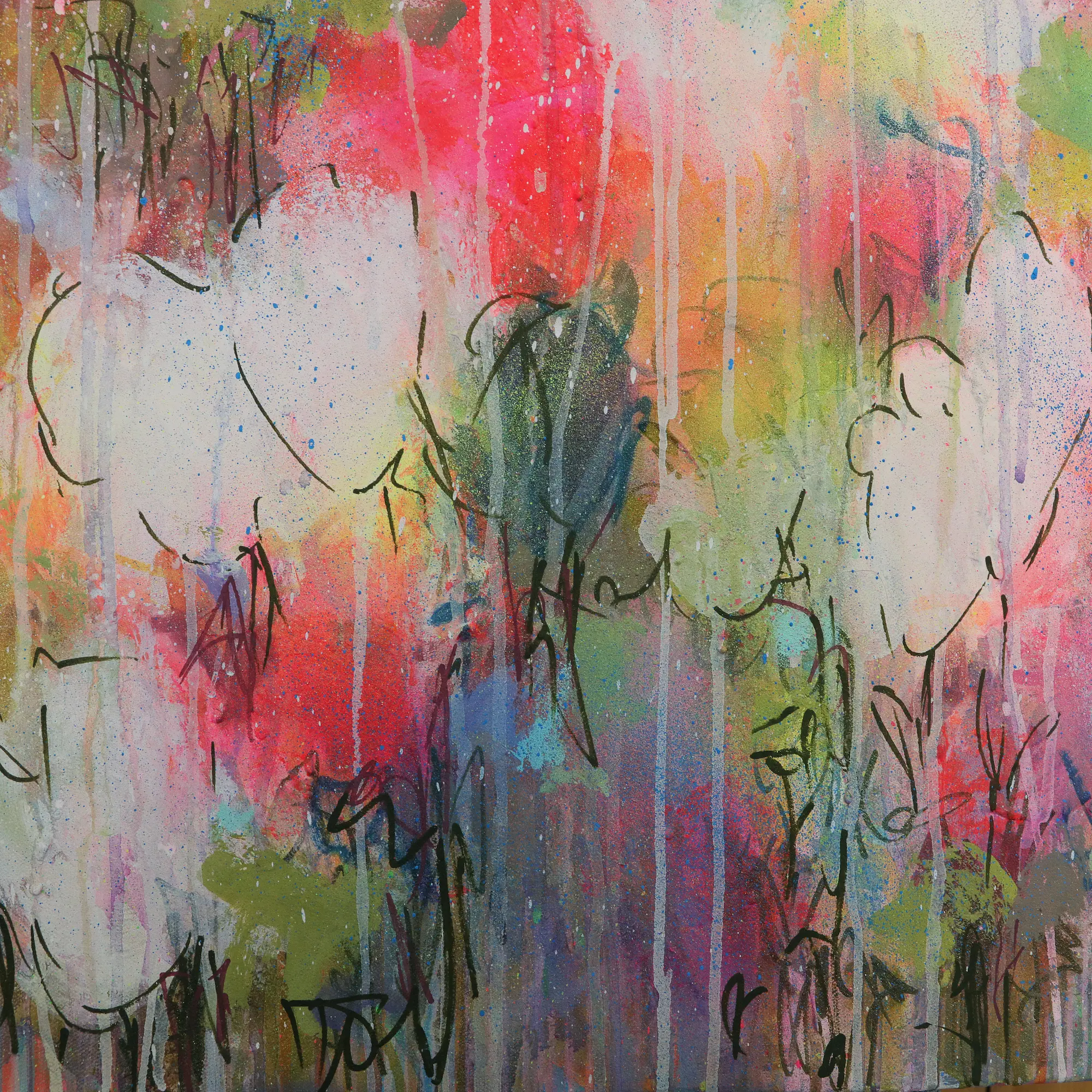 Nahaufnahme echtes Acryl Gemälde Wand Bild Deko Unikat neo pink gelb weiß günstig hype