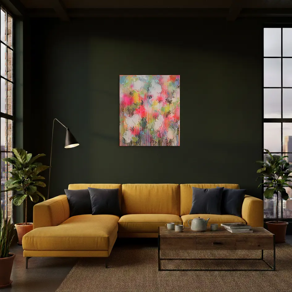 Wandbild für modernes Wohndesign echtes Acryl Gemälde Wand Bild Deko Unikat neo pink gelb weiß günstig hype