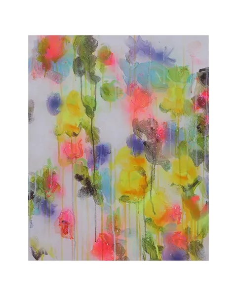 Acryl Gemälde Blumen Garten weiß hell neon rot pink gelb orange Kunst abstrakt