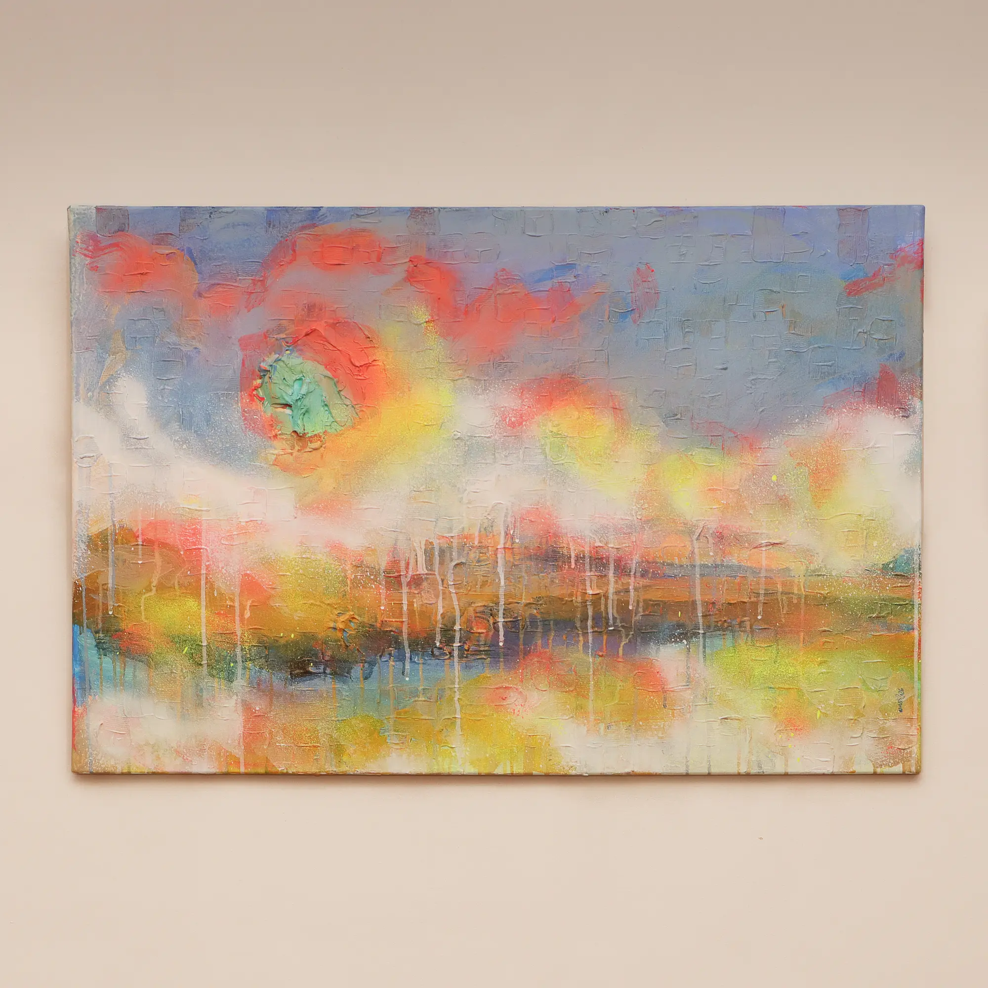 Nahaufnahme Acrylgemälde Bild Landschaft Sylt Meer abstrakt Wind Strand hellblau weiß gelb