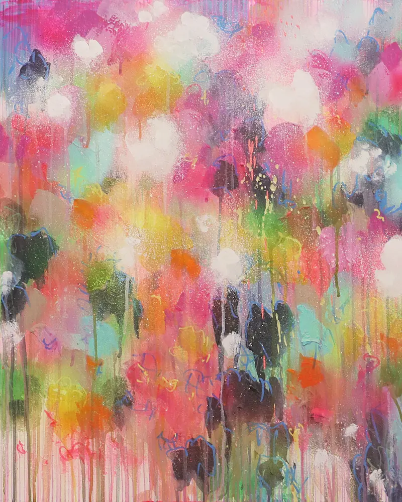 Acryl Gemälde Blumen Garten rosa hell neon rot pink gelb orange Kunst abstrakt
