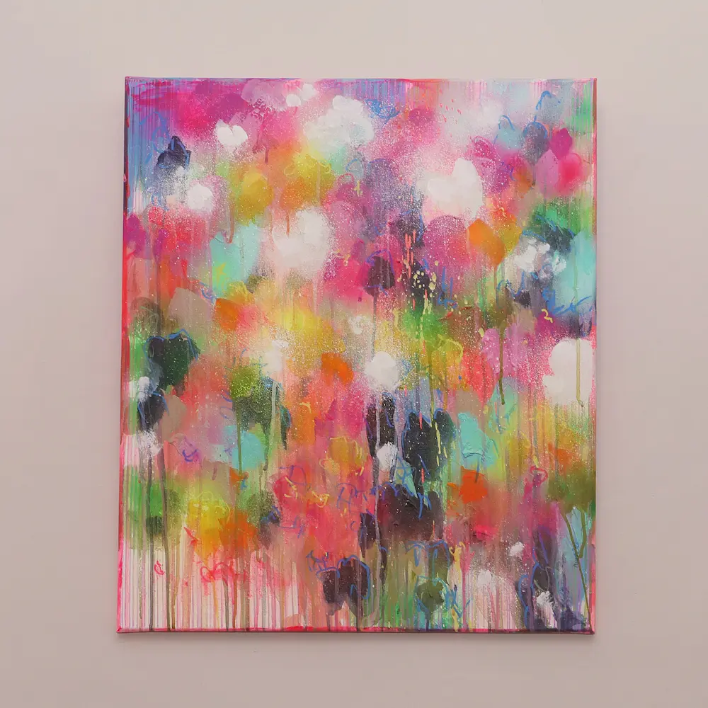 Nahaufnahme Acryl Gemälde Blumen Garten rosa hell neon rot pink gelb orange Kunst abstrakt