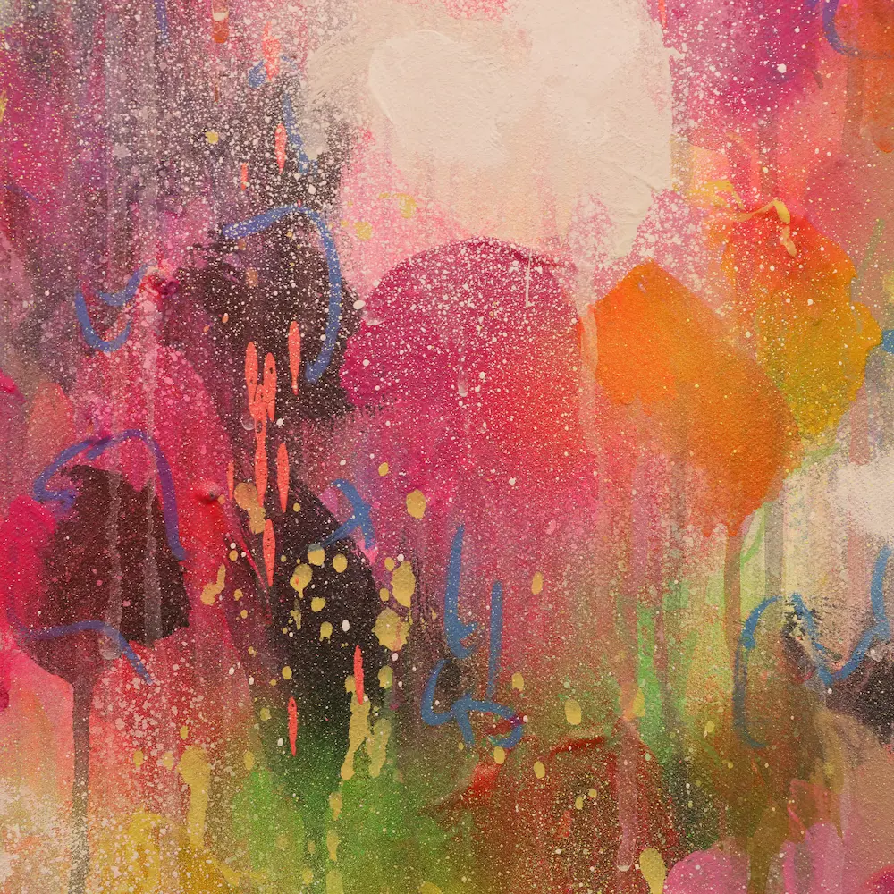 Nahaufnahme Acryl Gemälde Blumen Garten rosa hell neon rot pink gelb orange Kunst abstrakt