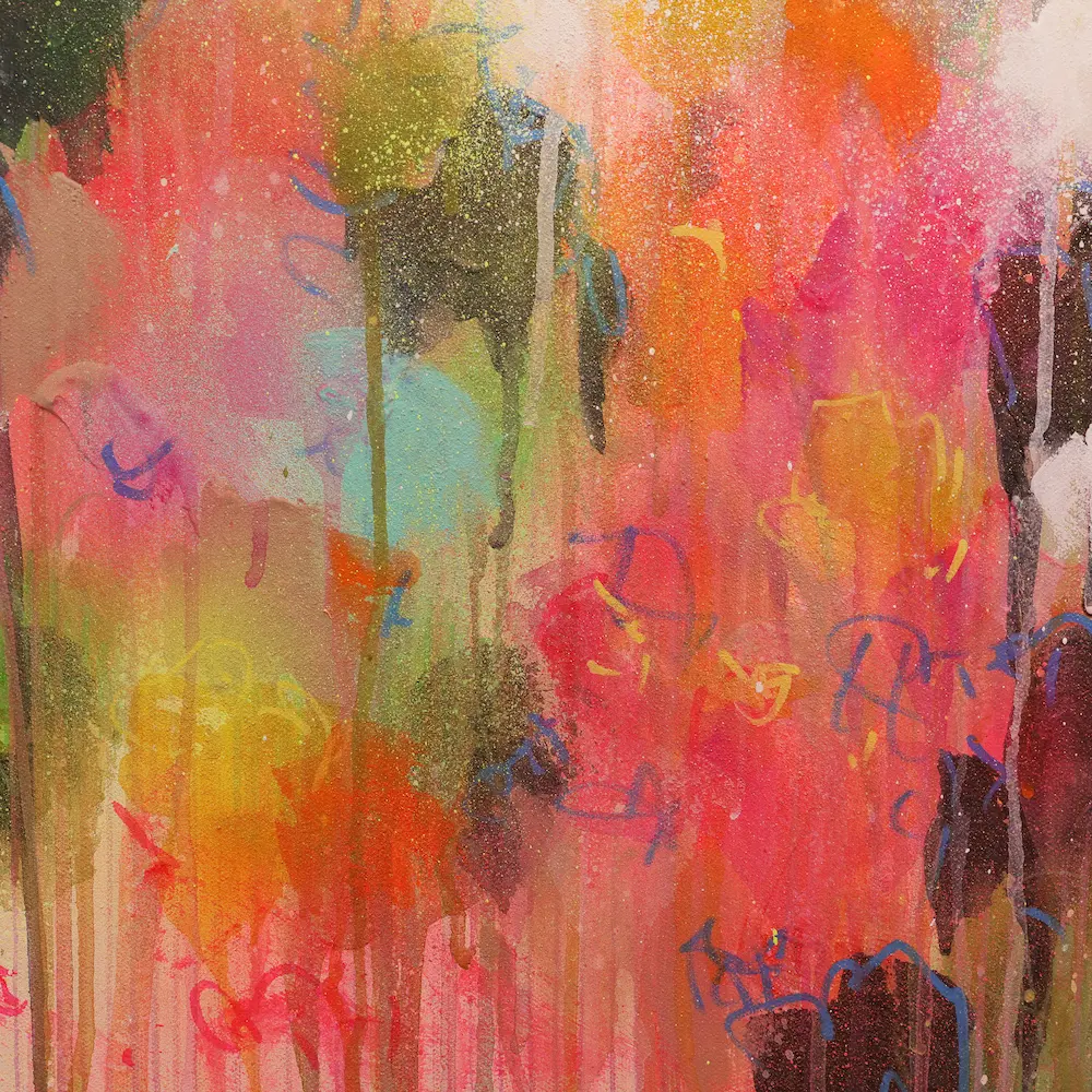 Nahaufnahme Acryl Gemälde Blumen Garten rosa hell neon rot pink gelb orange Kunst abstrakt