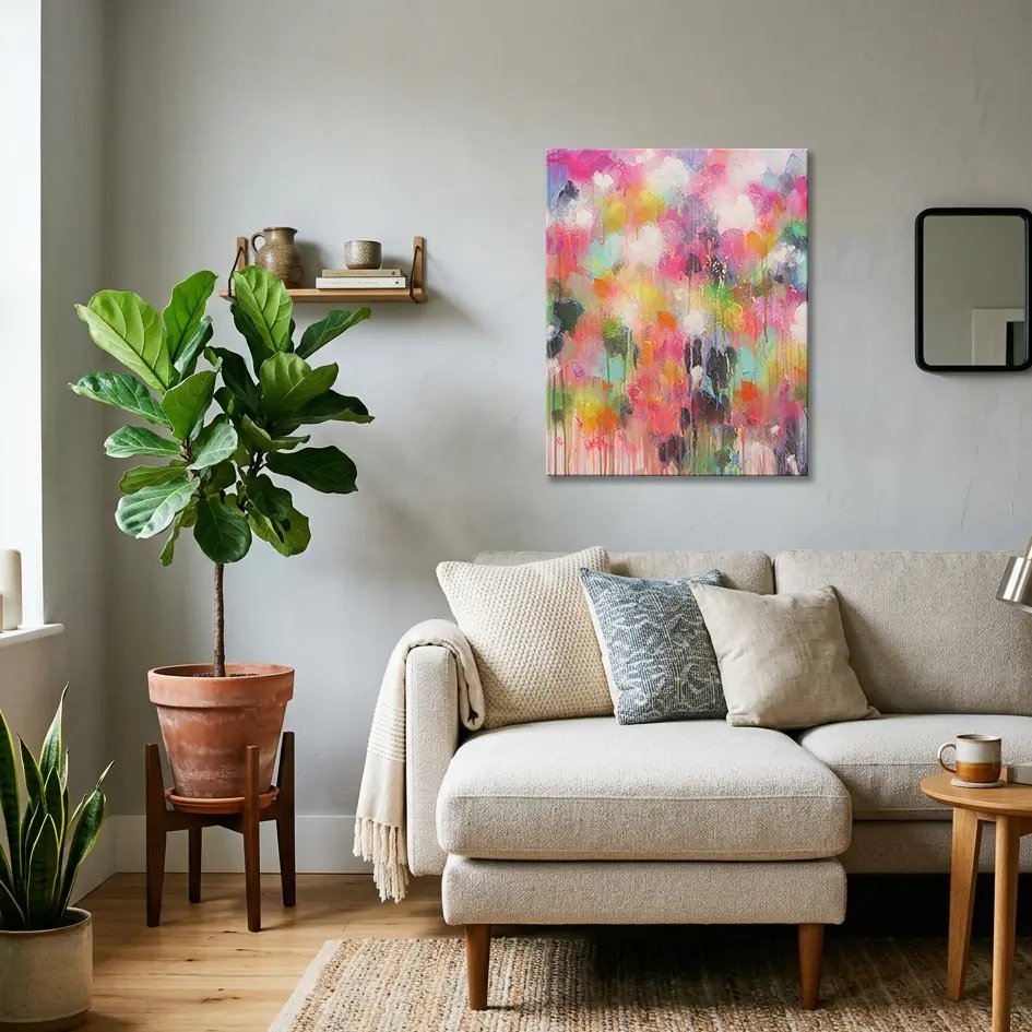 Wandbild für modernes Wohndesign Acryl Gemälde Blumen Garten rosa hell neon rot pink gelb orange Kunst abstrakt
