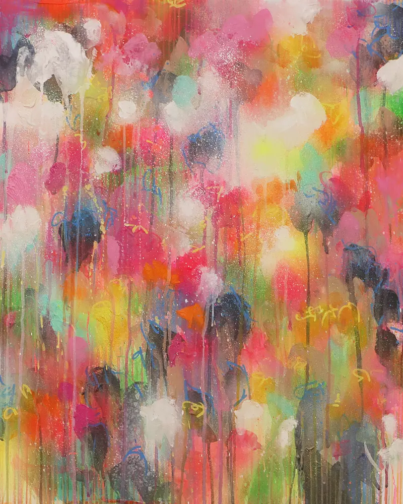 Acryl Gemälde Blumen Garten rosa hell neon rot pink gelb orange Kunst abstrakt