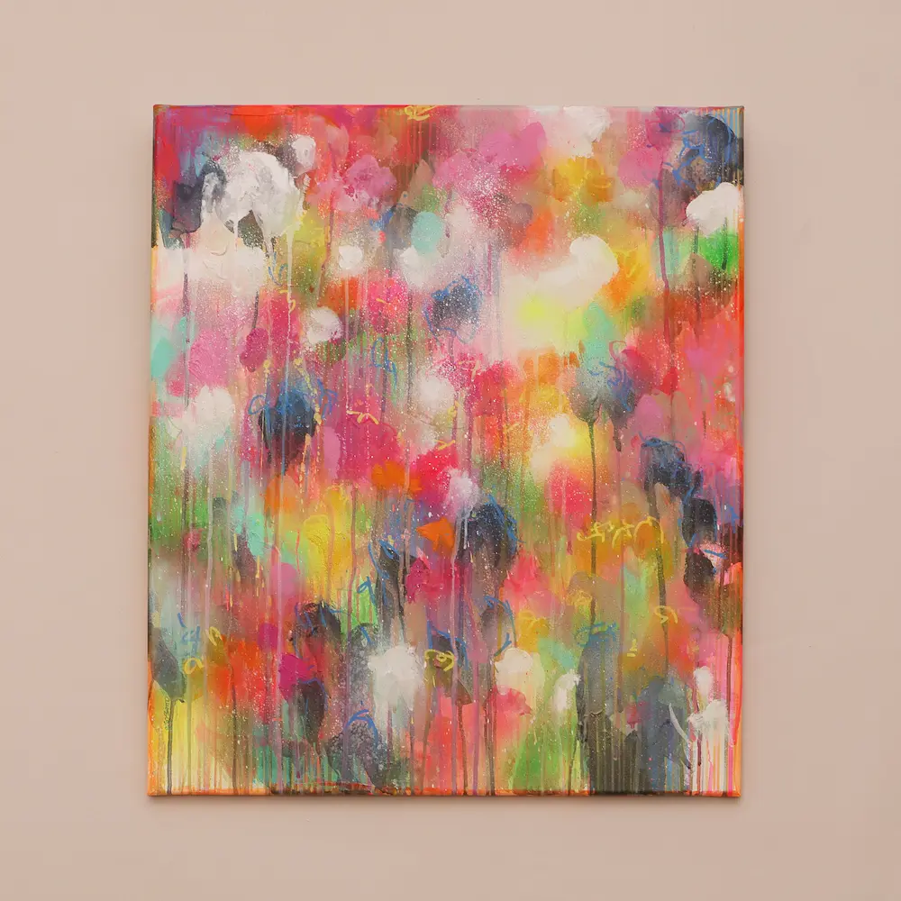Nahaufnahme Acryl Gemälde Blumen Garten rosa hell neon rot pink gelb orange Kunst abstrakt