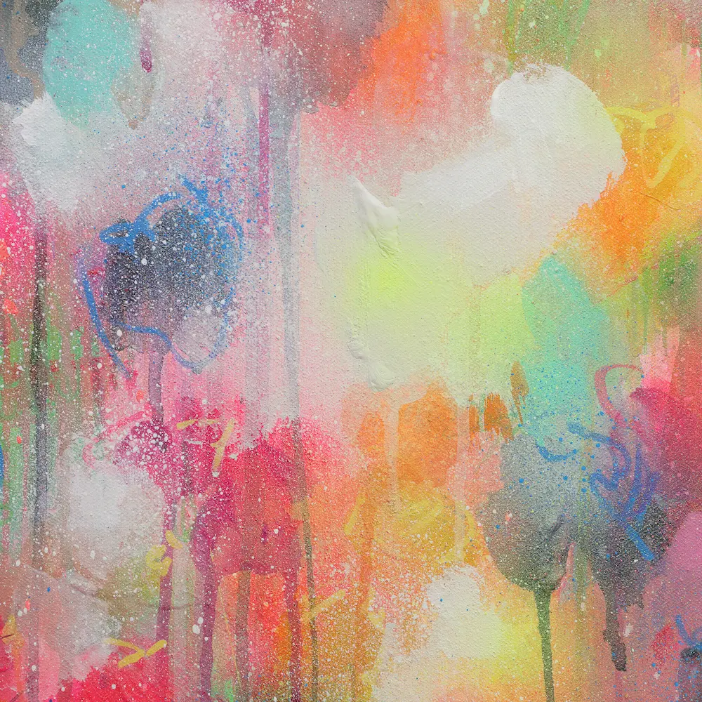 Nahaufnahme Acryl Gemälde Blumen Garten rosa hell neon rot pink gelb orange Kunst abstrakt