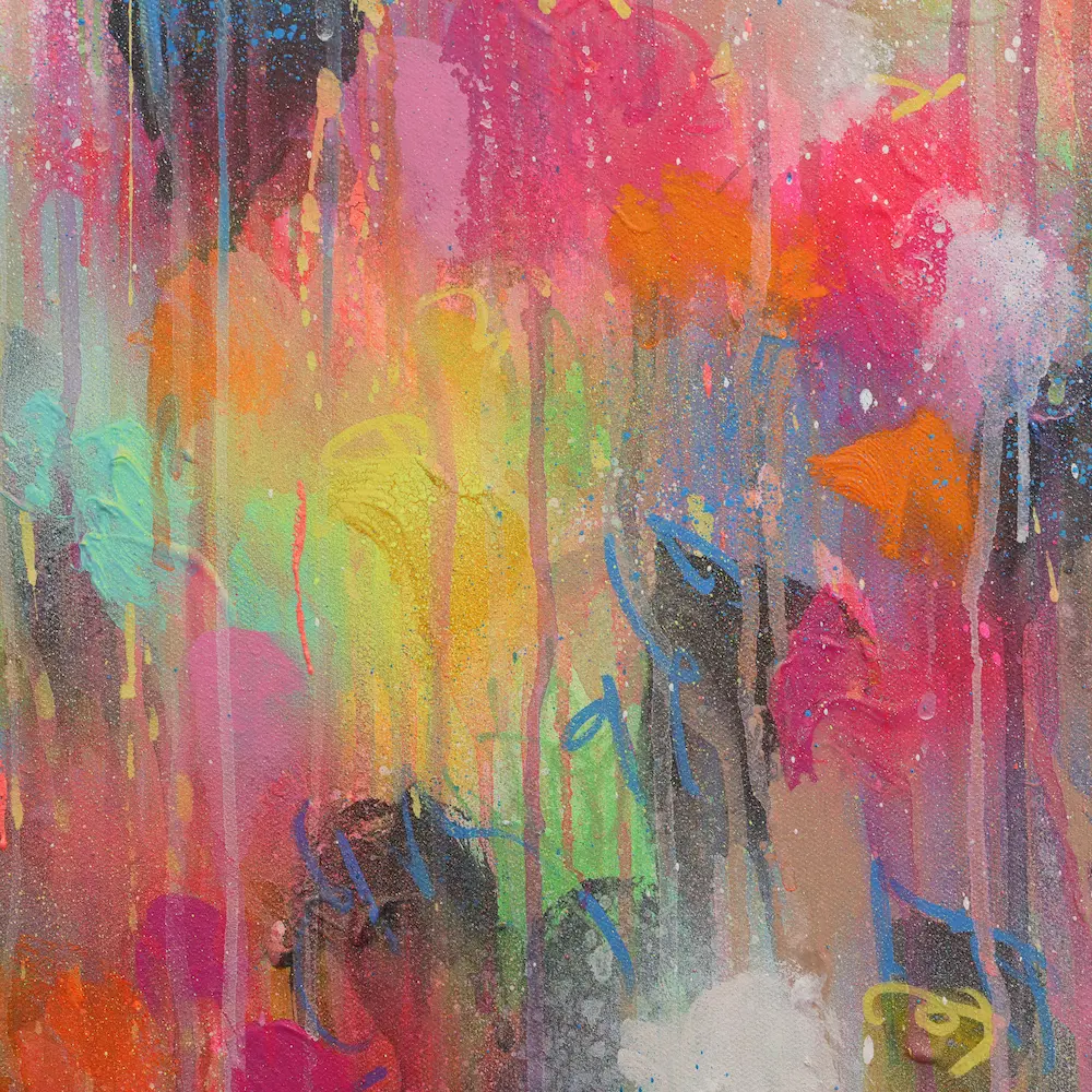 Nahaufnahme Acryl Gemälde Blumen Garten rosa hell neon rot pink gelb orange Kunst abstrakt