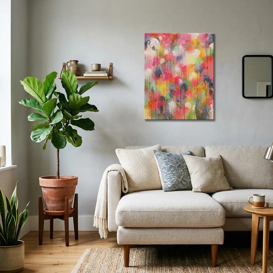 Wandbild für modernes Wohndesign Acryl Gemälde Blumen Garten rosa hell neon rot pink gelb orange Kunst abstrakt