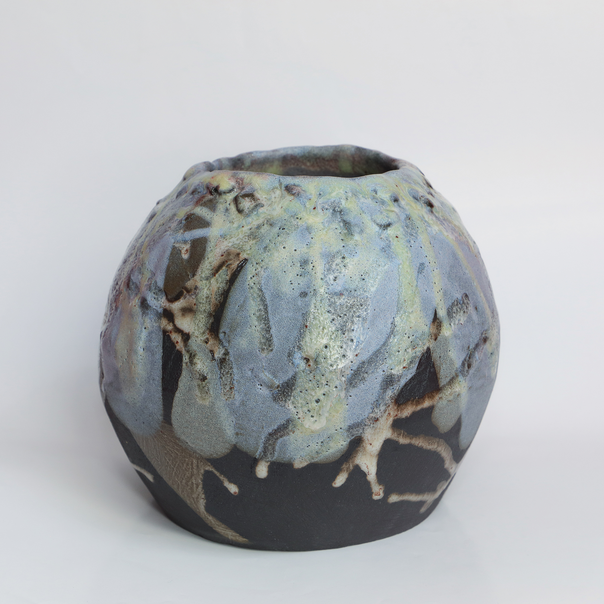 Keramik Kugel Moon Vase hell blau gelb schwarz Ton matt Unikat original Kunst XL