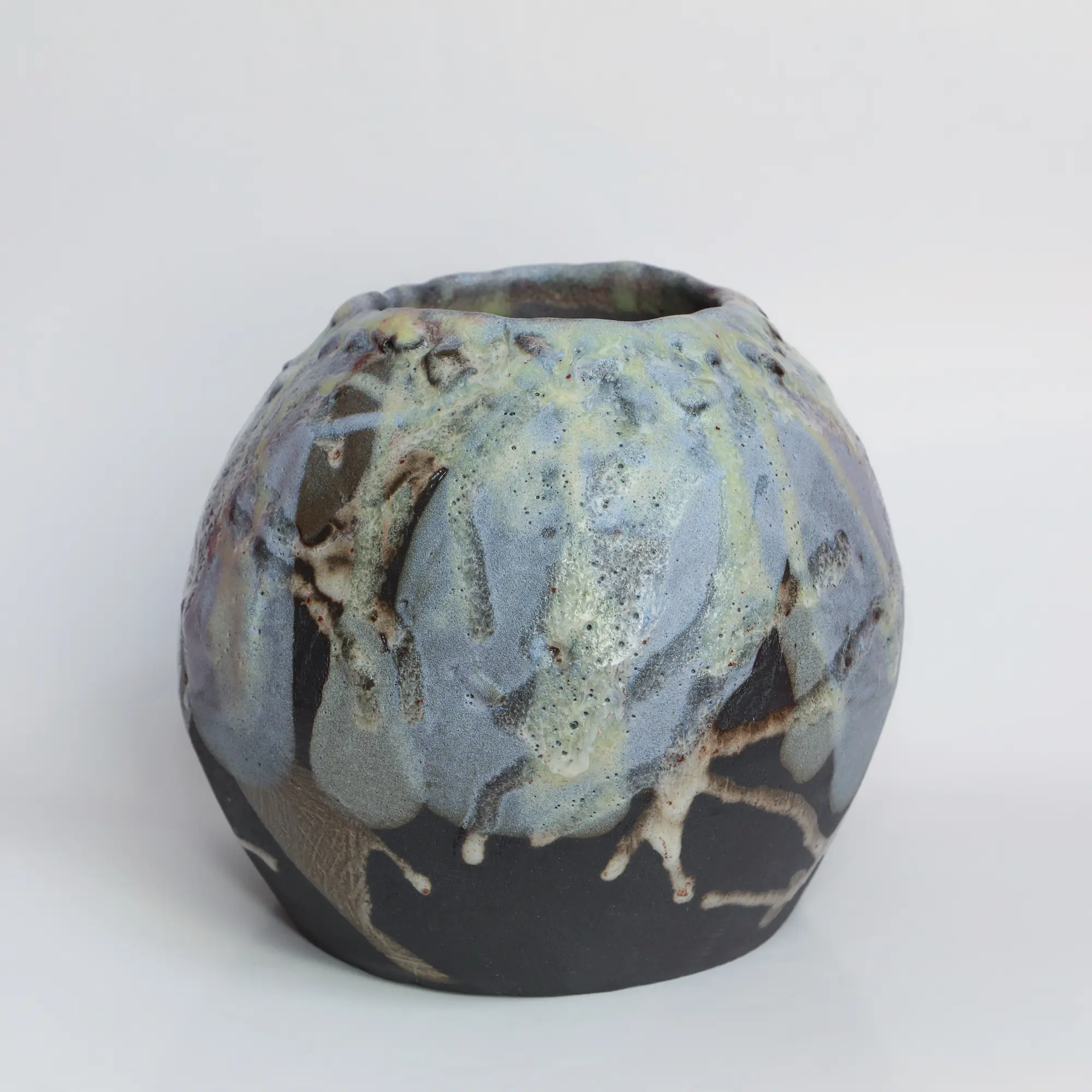 Keramik Kugel Moon Vase hell blau gelb schwarz Ton matt Unikat original Kunst XL