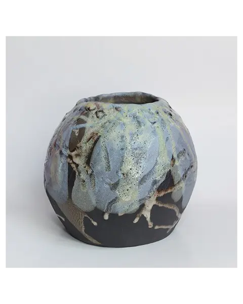 Keramik Kugel Moon Vase hell blau gelb schwarz Ton matt Unikat original Kunst XL