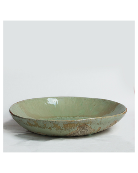 XL Obst Schale Seladon Glasur Kristalle Steinzeug hell grün grau Deko Kunst Art