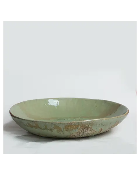 XL Obst Schale Seladon Glasur Kristalle Steinzeug hell grün grau Deko Kunst Art