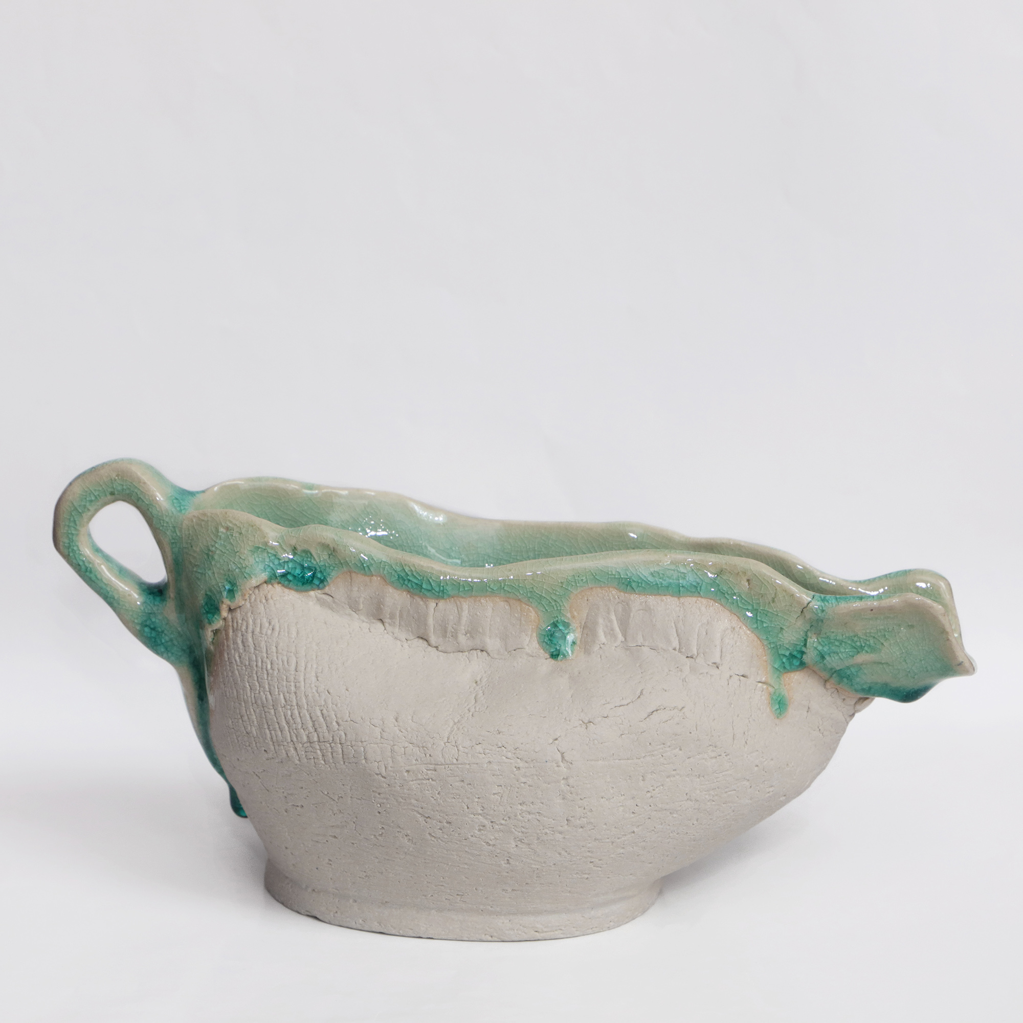 Keramik Tee Kanne Blumen Vase weiss tuerkis craquelee abstrakt Kunst Deko Art