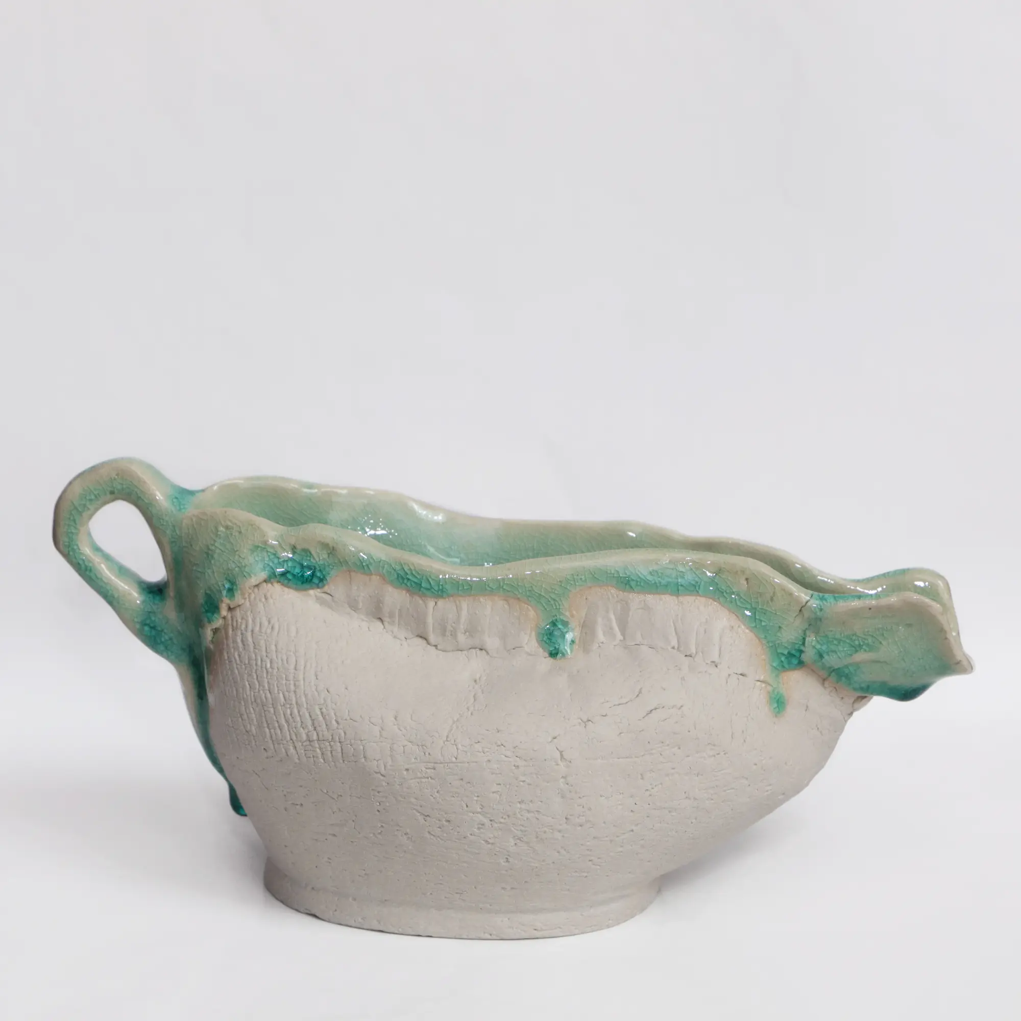 Keramik Tee Kanne Blumen Vase weiss tuerkis craquelee abstrakt Kunst Deko Art