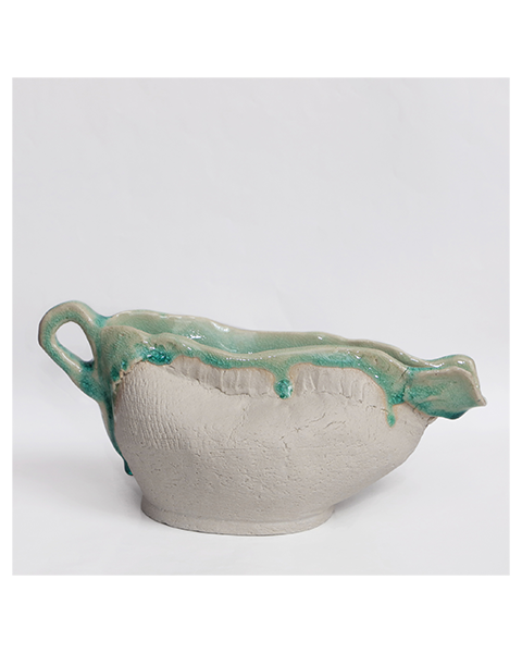 Keramik Tee Kanne Blumen Vase weiss tuerkis craquelee abstrakt Kunst Deko Art