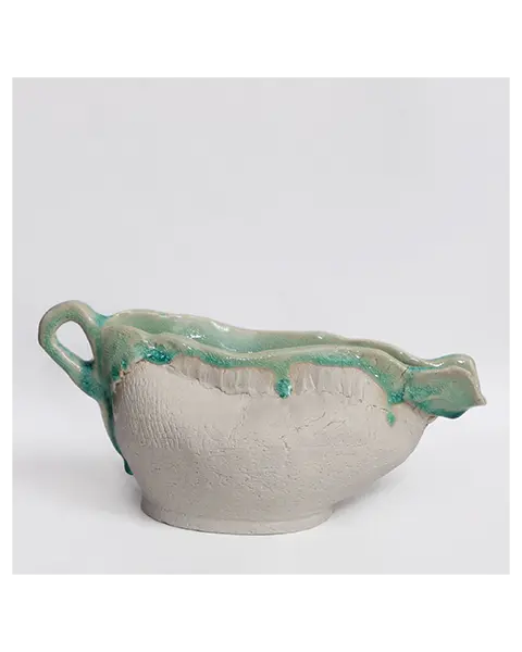 Keramik Tee Kanne Blumen Vase weiss tuerkis craquelee abstrakt Kunst Deko Art