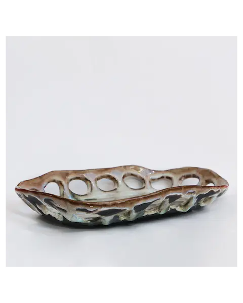 Große Künstler Obst Deko Schale Keramik schwarz Steinzeug oval abstrakt beige