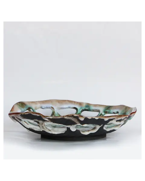 Große Künstler Obst Deko Schale Keramik schwarz Steinzeug oval abstrakt beige