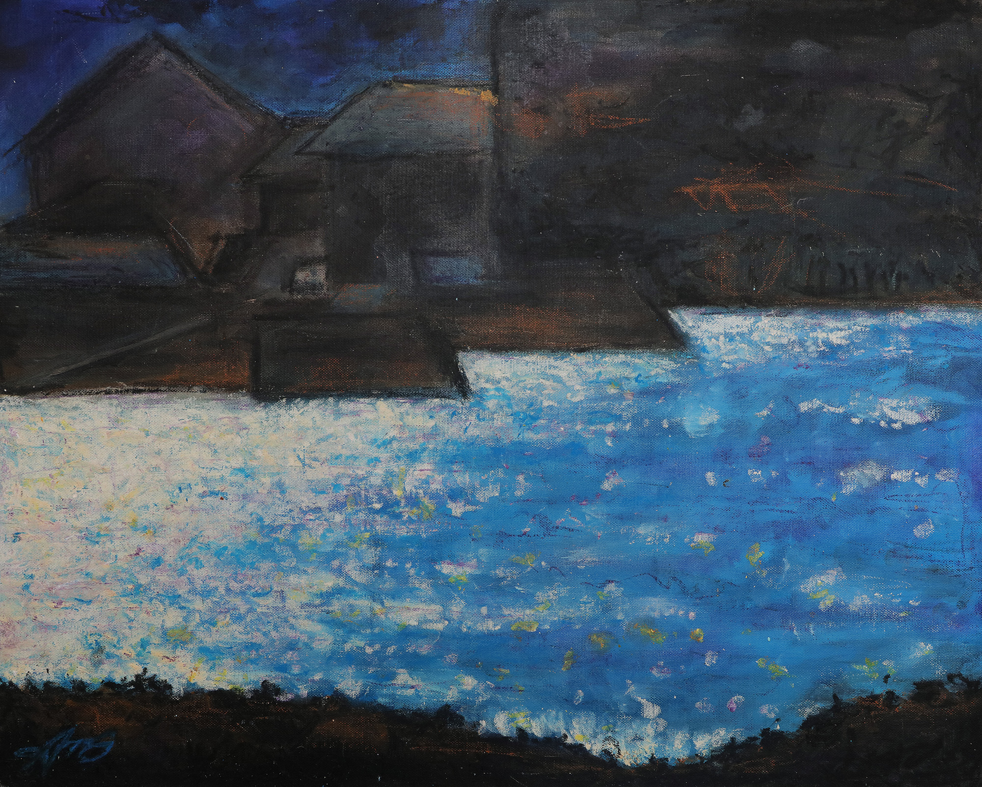 Gemälde Hafen Nacht Schatten Häuser Haus schwarz blau England Frankreich Abend