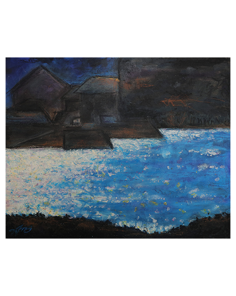 Gemälde Hafen Nacht Schatten Häuser Haus schwarz blau England Frankreich Abend