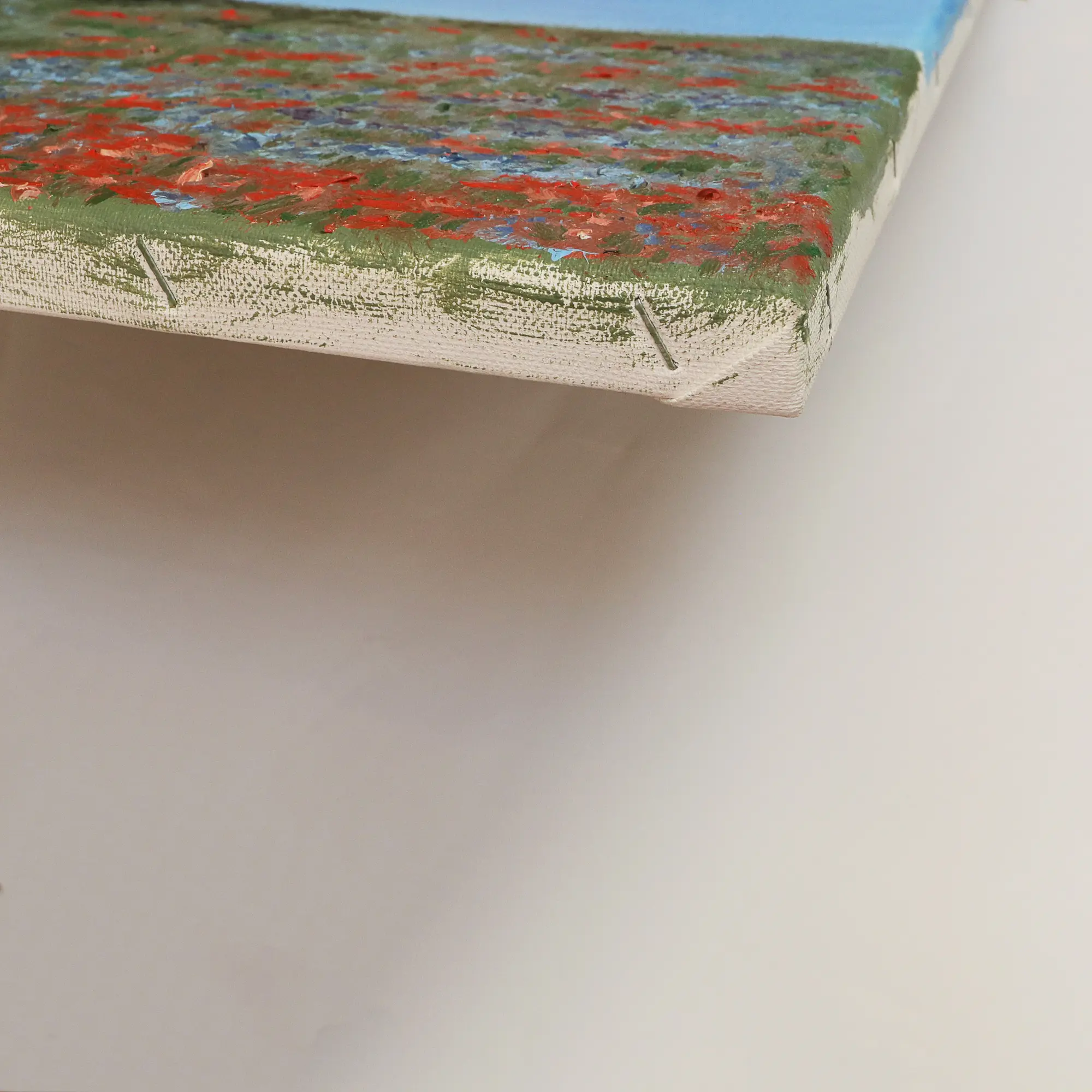 Nahaufnahme klein echt Öl Gemälde Bild Landschaft Baum Wiese Feld blau rot Mohn Acker