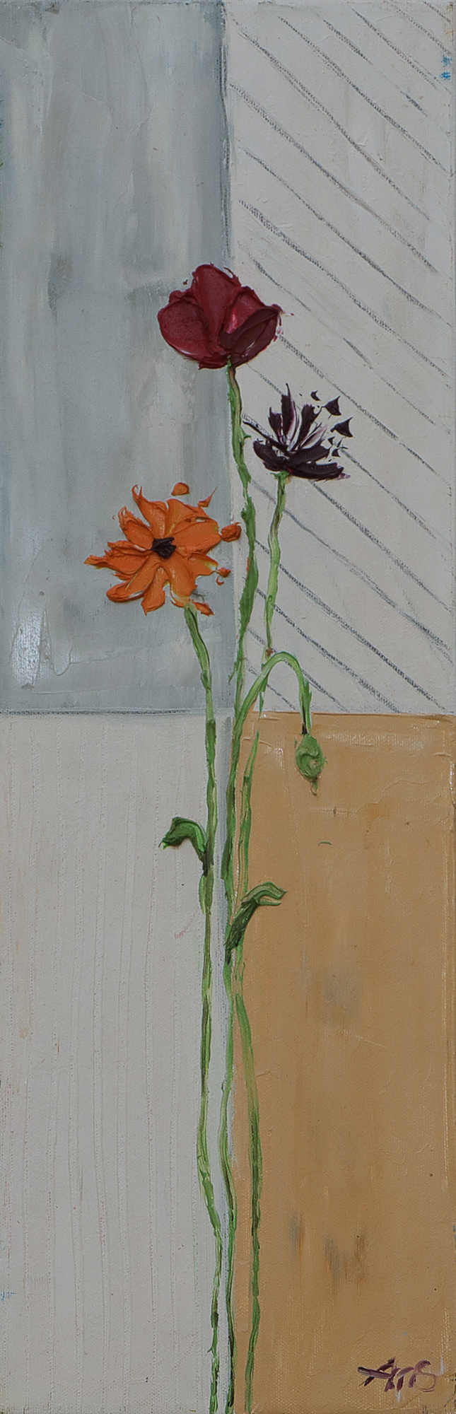 Gemaelde schmal weiss Blumen pastos Mohn grau beige Linien Striche Unikat echt