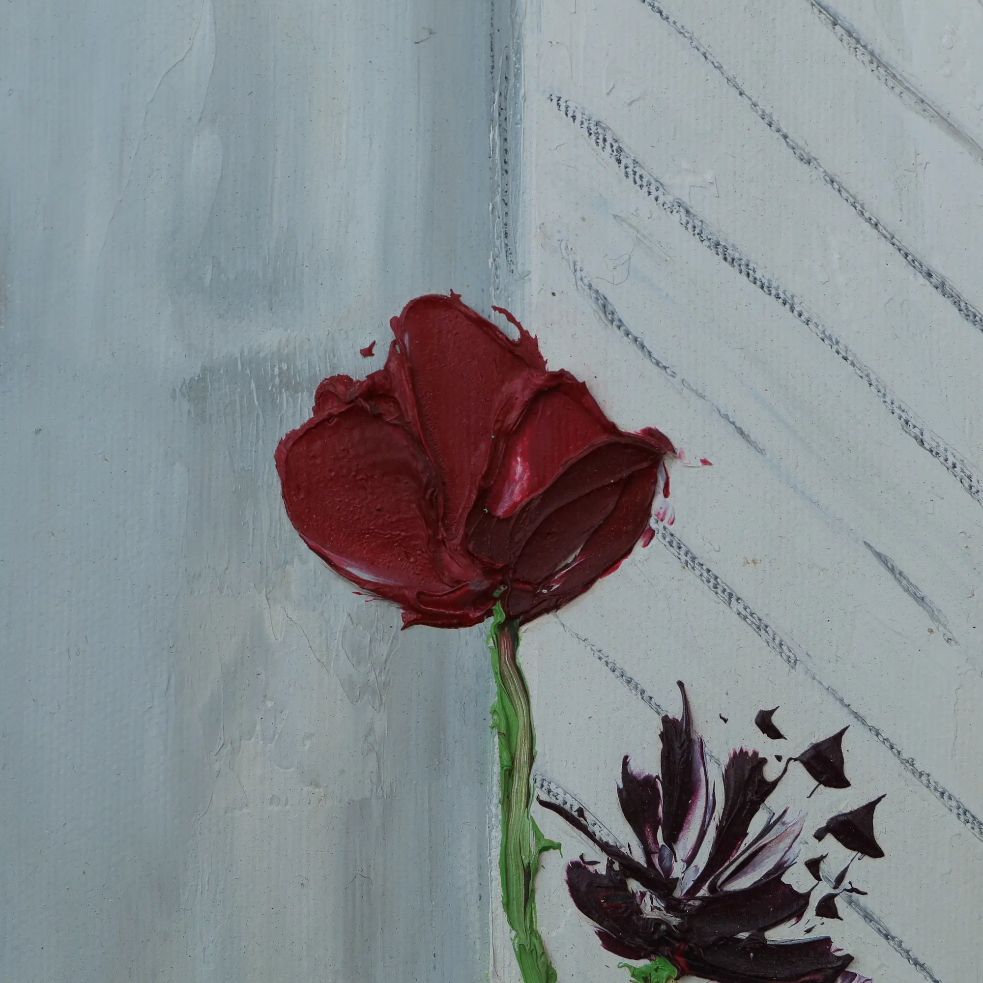 Nahaufnahme Gemaelde schmal weiss Blumen pastos Mohn grau beige Linien Striche Unikat echt