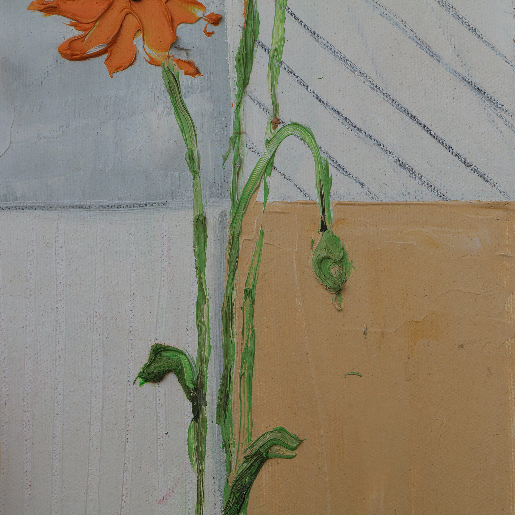 Nahaufnahme Gemaelde schmal weiss Blumen pastos Mohn grau beige Linien Striche Unikat echt