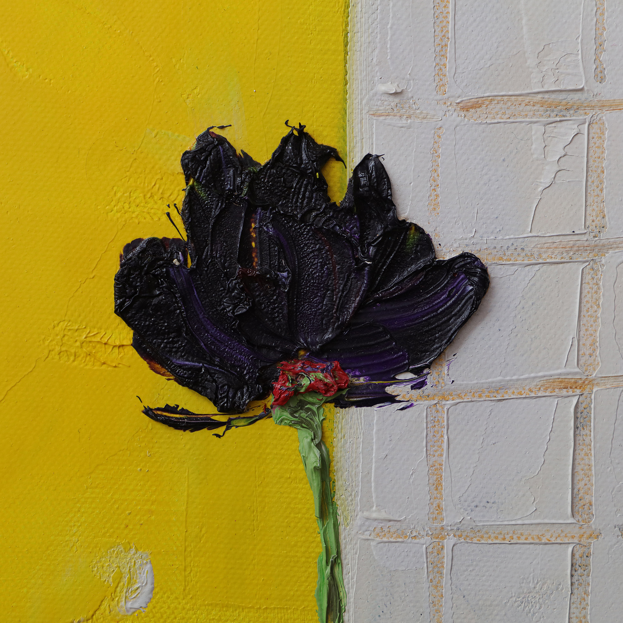 Nahaufnahme Gemaelde schmal Hochformat gelb pink weiss Korn Blume Mohn Tulpe Linien Streifen