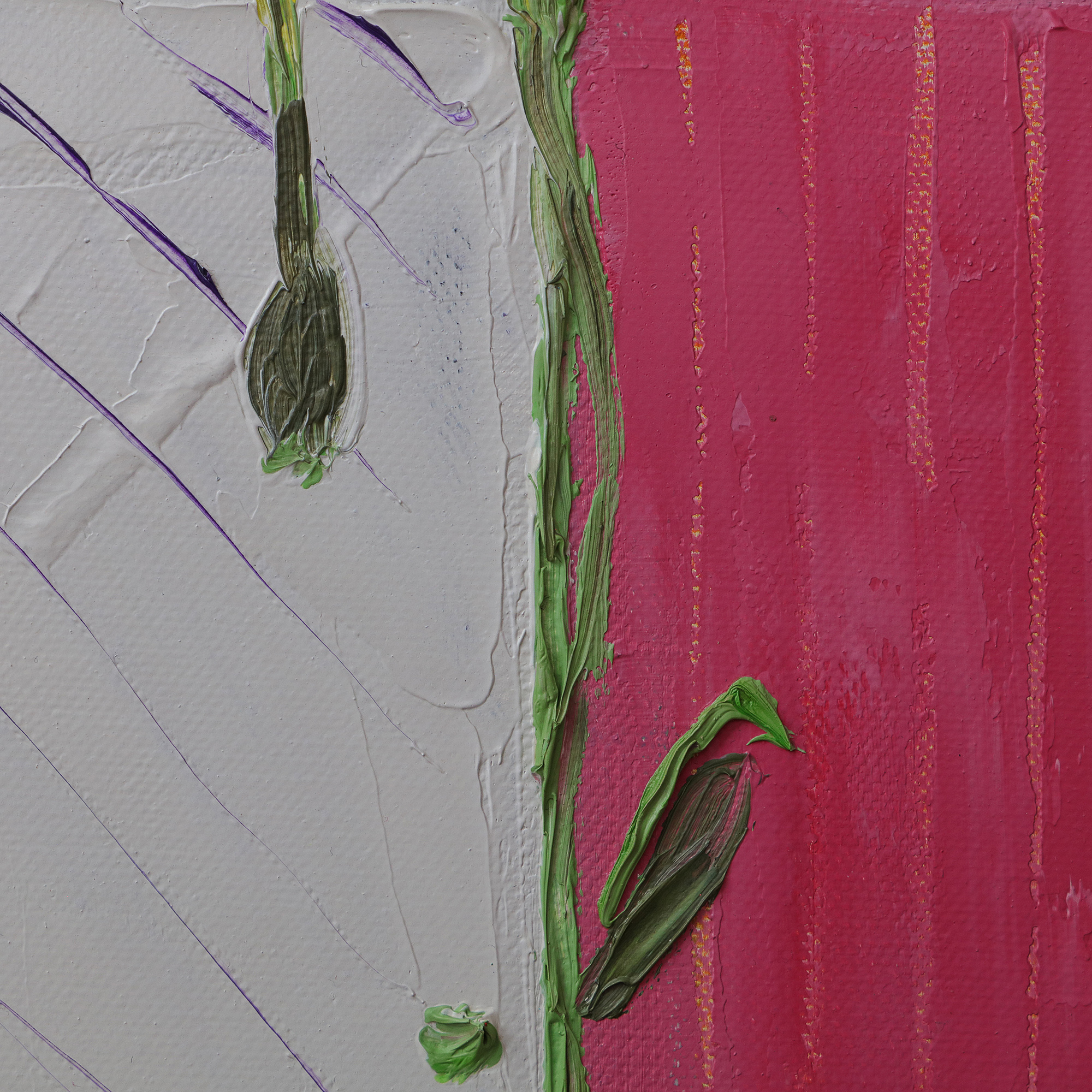 Nahaufnahme Gemaelde schmal Hochformat gelb pink weiss Korn Blume Mohn Tulpe Linien Streifen