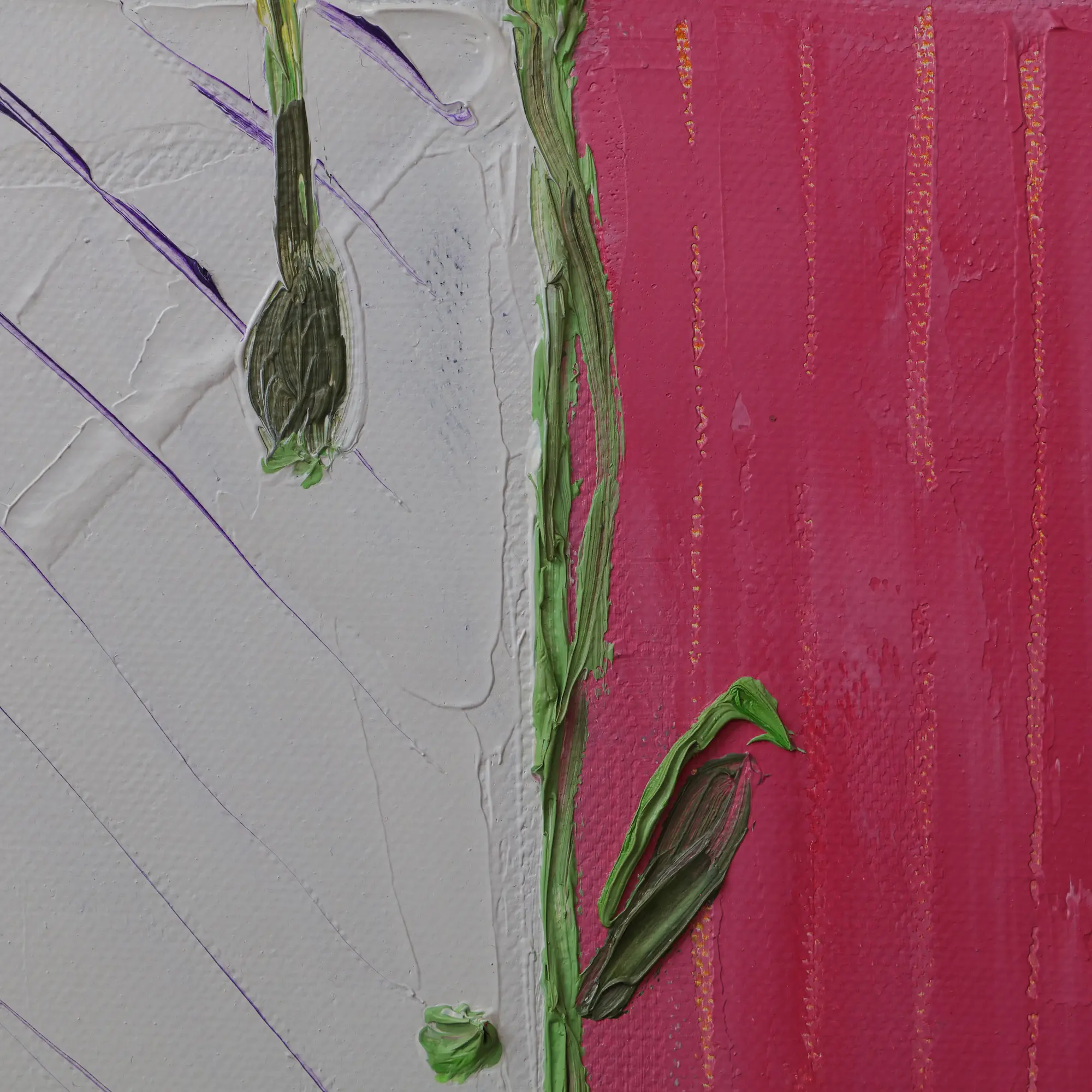 Nahaufnahme Gemaelde schmal Hochformat gelb pink weiss Korn Blume Mohn Tulpe Linien Streifen