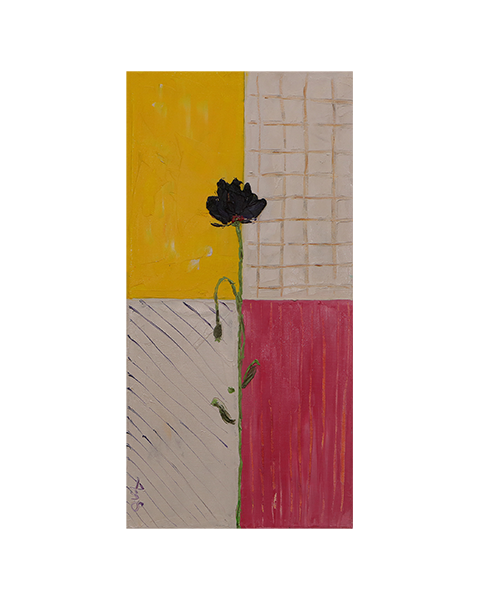 Gemaelde schmal Hochformat gelb pink weiss Korn Blume Mohn Tulpe Linien Streifen