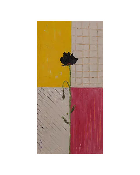 Gemaelde schmal Hochformat gelb pink weiss Korn Blume Mohn Tulpe Linien Streifen