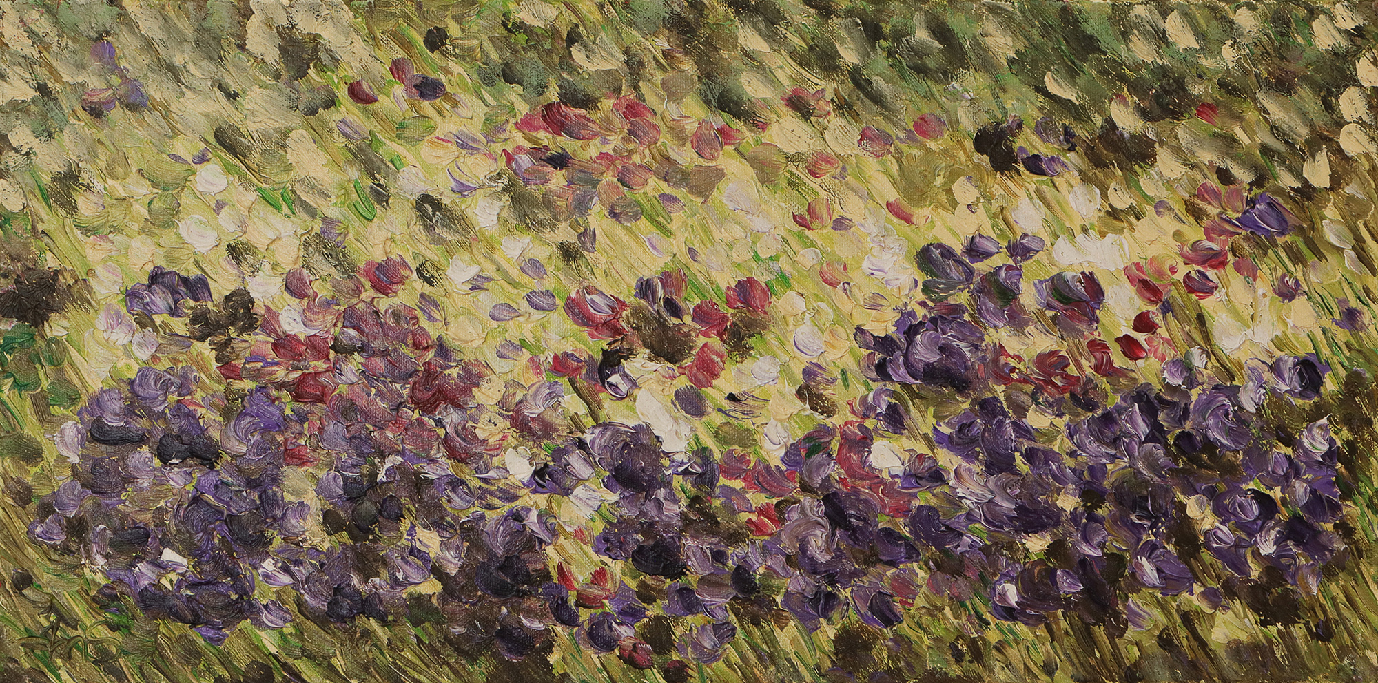 Gemaelde Wand Bild Blumen Wiese hell pastell gelb lila gruen pastos abstrakt Art