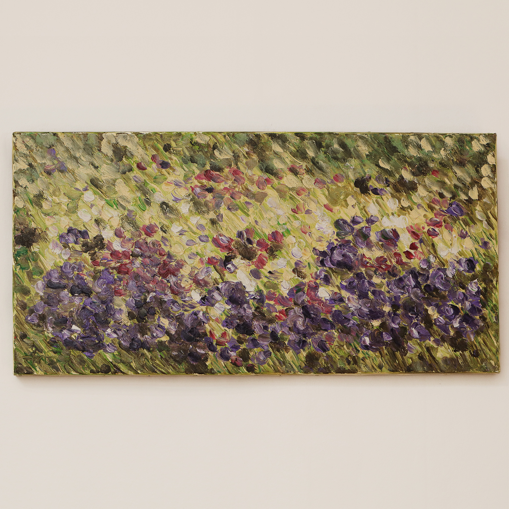 Nahaufnahme Gemaelde Wand Bild Blumen Wiese hell pastell gelb lila gruen pastos abstrakt Art